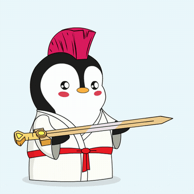 A Cartoon Penguin With A Red Mohawk Holding A Sword GIF
