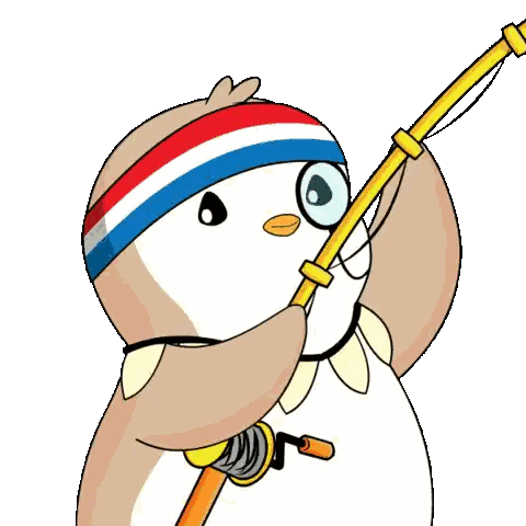 A Cartoon Penguin With A Red White And Blue Headband Holding A Fishing Rod Sticker