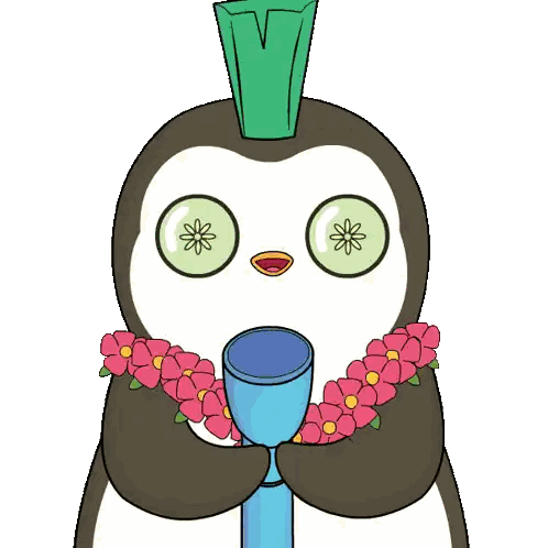 A Cartoon Penguin With Cucumber Slices On Its Eyes Sticker