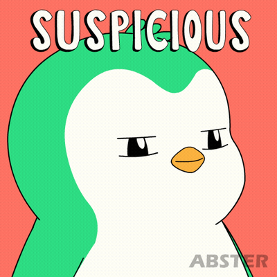 A Cartoon Penguin With The Word Suspicious Written Above It GIF