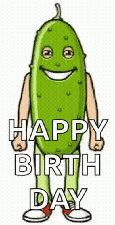 A Cartoon Pickle With Arms And Legs Is Smiling And Says Happy Birthday . GIF
