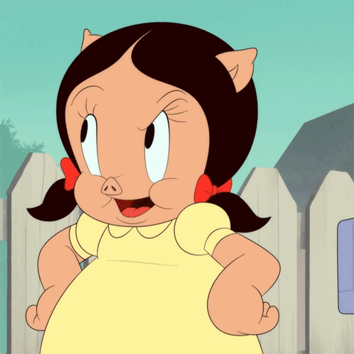 A Cartoon Pig Girl In A Yellow Dress Is Standing In Front Of A Wooden Fence GIF