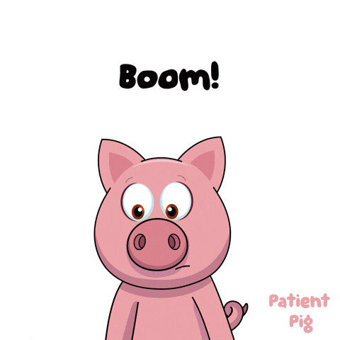 A Cartoon Pig Holding A Microphone With The Words Boom Written Above It GIF