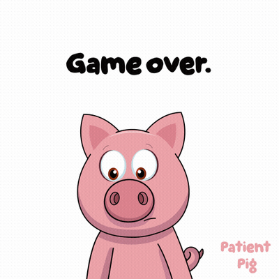 a cartoon pig holding a microphone with the words game over written above it