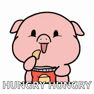 A Cartoon Pig Is Holding A Bag Of Chips And The Words Hungry Hungry Below It GIF
