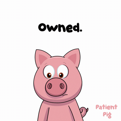 A Cartoon Pig Is Holding A Microphone And Says " Owned " Above It GIF