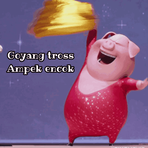 A Cartoon Pig Is Holding Up A Yellow Object With The Words Goyang Tross Ampek Encok Written Below It GIF