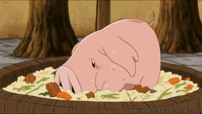 A Cartoon Pig Is Laying In A Barrel Of Rice And Carrots GIF
