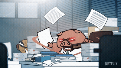 A Cartoon Pig Is Laying On A Desk With A Stack Of Papers And A Netflix Logo In The Corner GIF