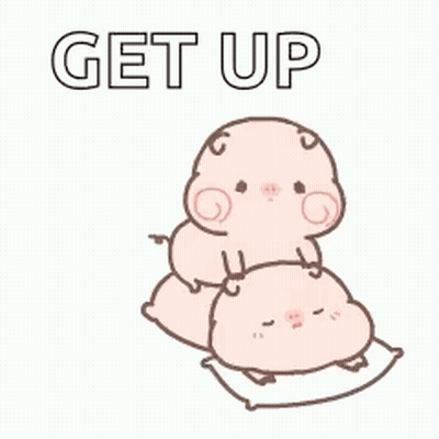 A Cartoon Pig Is Laying On A Pillow With The Words `` Get Up '' Written On It . GIF