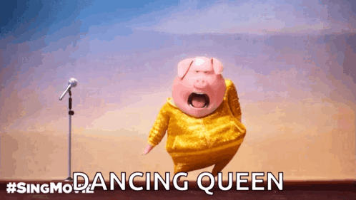 A Cartoon Pig Is Singing Into A Microphone While Wearing A Yellow Jacket And Dancing . GIF