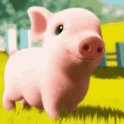 A Cartoon Pig Is Standing In A Grassy Field . GIF