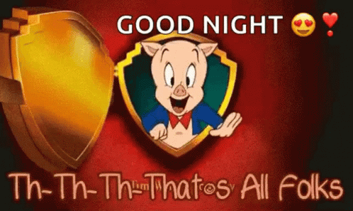 A Cartoon Pig Is Standing In Front Of A Gold Shield And Says `` Good Night '' . GIF