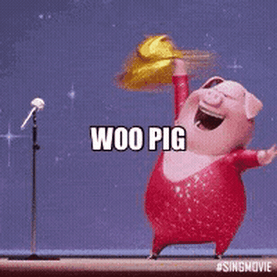 A Cartoon Pig Is Standing In Front Of A Microphone And Holding A Yellow Flag . GIF