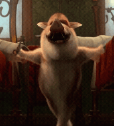 A Cartoon Pig Is Standing On Its Hind Legs And Holding A Sword In Its Mouth . GIF