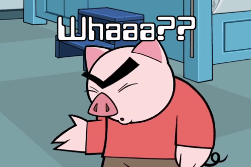 A Cartoon Pig Says " Whaaa?? " In White Letters On A Blue Background GIF