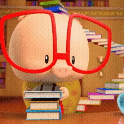 A Cartoon Pig Wearing Glasses Is Holding A Stack Of Books GIF