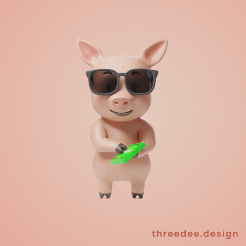 A Cartoon Pig Wearing Sunglasses And Holding A Green Object With The Words Threedee.design Below It GIF