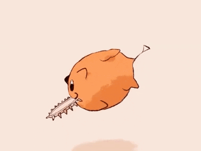 A Cartoon Pig With A Chainsaw In Its Mouth Is Flying Through The Air . GIF