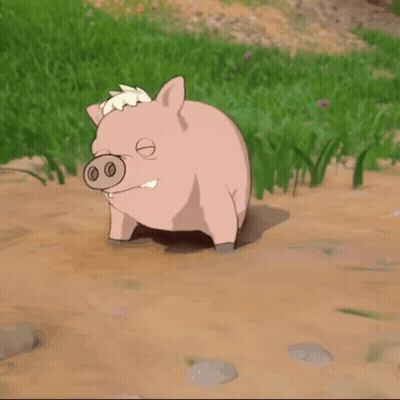 a cartoon pig with a flower on its head is standing in the dirt