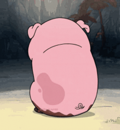 A Cartoon Pig With A Sad Look On Its Face Is Standing On A Beach GIF