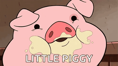 A Cartoon Pig With The Words `` Little Piggy '' Written On It . GIF