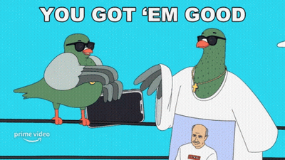 A Cartoon Pigeon Is Holding A Phone Next To A Man Wearing A Shirt That Says Supreme GIF