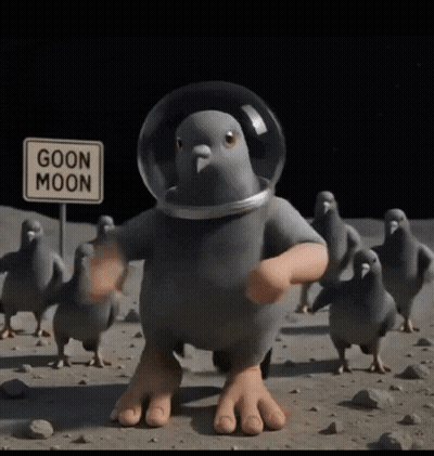 A Cartoon Pigeon Wearing A Helmet And A Sign That Says Goon Moon GIF