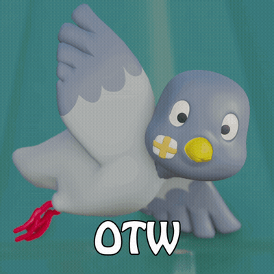 A Cartoon Pigeon With A Yellow Beak Is Flying With The Word Otw Written Below It GIF