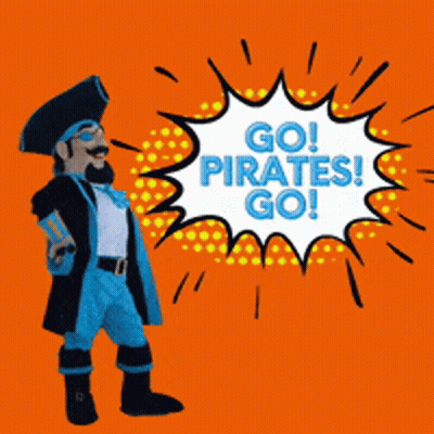 A Cartoon Pirate With A Speech Bubble That Says " Go Pirates Go " GIF