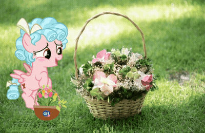 A Cartoon Pony Is Holding A Basket Of Flowers With The Word Citi On It GIF