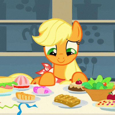 A Cartoon Pony Sits At A Table Surrounded By Plates Of Food GIF