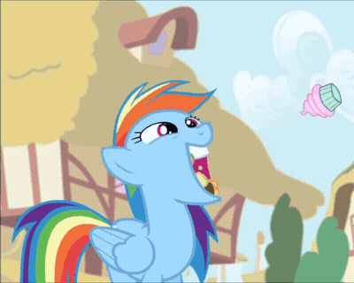 A Cartoon Pony With A Rainbow Mane And Tail Is Eating Something GIF