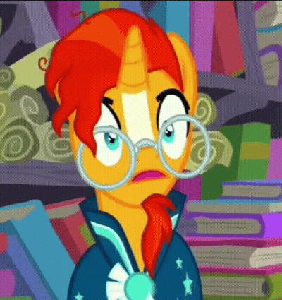 A Cartoon Pony With Glasses And A Bow Tie Is Standing In Front Of A Pile Of Books . GIF