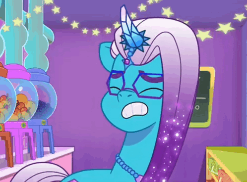 A Cartoon Pony With Glasses And A Star On Her Head Is Standing In Front Of A Gumball Machine GIF