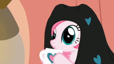 A Cartoon Pony With Hearts On Its Hair Drinking From A Cup GIF