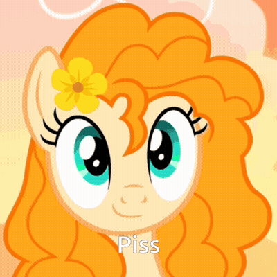 A Cartoon Pony With Orange Hair And A Yellow Flower In Her Hair Has The Word Piss On The Bottom GIF