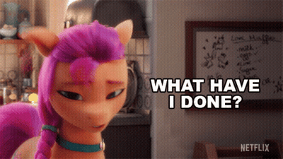 A Cartoon Pony With Pink Hair Says What Have I Done GIF