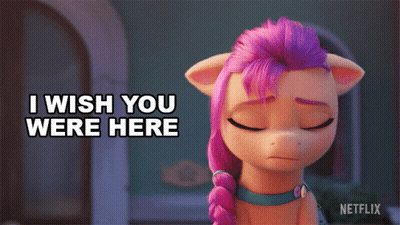 A Cartoon Pony With Purple Hair Is Saying I Wish You Were Here GIF