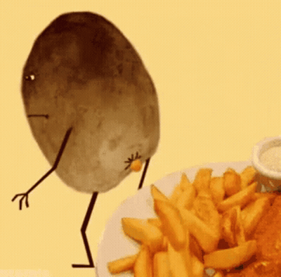 A Cartoon Potato With Arms And Legs Is Standing Next To A Plate Of French Fries . GIF