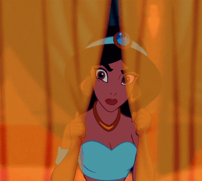 A Cartoon Princess With A Blue Jewel On Her Head Looks Out From Behind A Curtain GIF