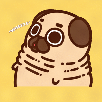 A Cartoon Pug Dog With The Words " Wheeze " Written Above It GIF