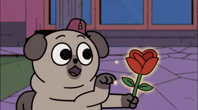 A Cartoon Pug Wearing A Hat With The Number 8 On It Is Holding A Red Rose GIF