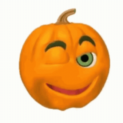 A Cartoon Pumpkin With Green Eyes Is Smiling With Its Mouth Open . GIF