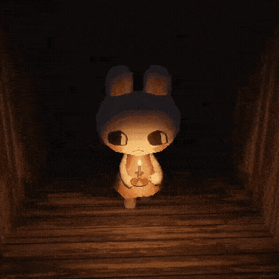 A Cartoon Rabbit Holding A Candle In A Dark Room GIF