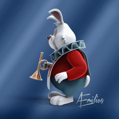 A Cartoon Rabbit Holding A Trumpet With The Name Emilius On The Bottom GIF