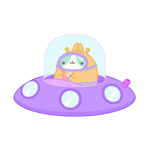 A Cartoon Rabbit Is Flying In A Purple Space Ship Sticker