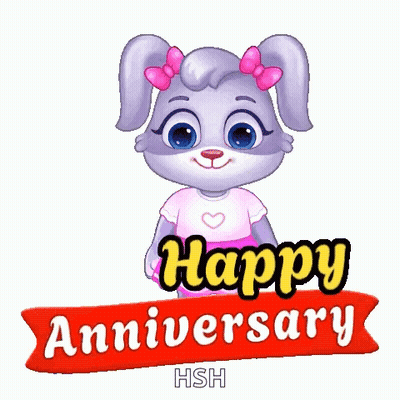A Cartoon Rabbit Is Holding A Bouquet Of Flowers And Saying Happy Anniversary . GIF