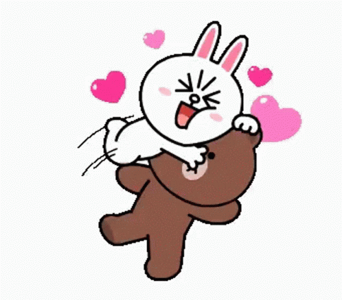 A Cartoon Rabbit Is Holding A Brown Teddy Bear In Her Arms Surrounded By Pink Hearts . GIF