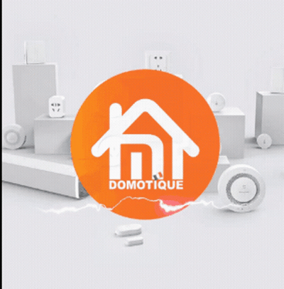A Cartoon Rabbit Is Holding A Cell Phone In Front Of An Orange Circle That Says Domotique GIF